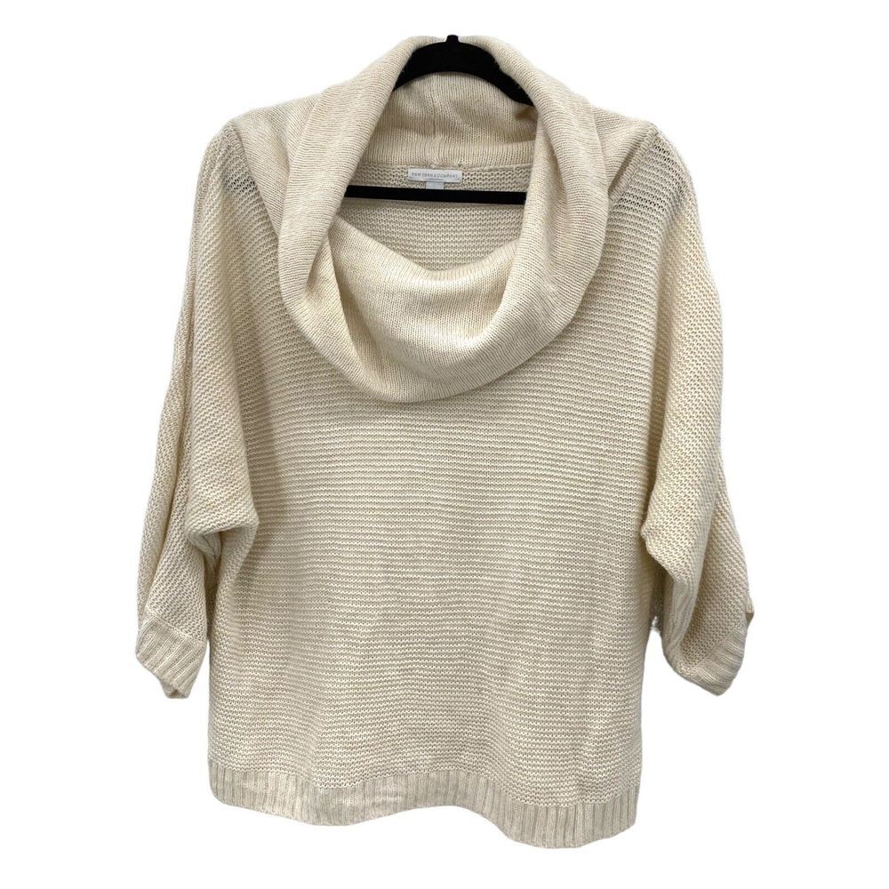 New York & Company Open-Knit Shimmery Cowl Neck Sweater Large Cream Gold Top
